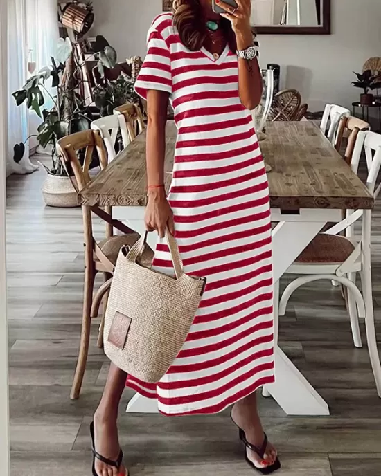 Printed Split-Side Striped A-Line Loose V-Neck Midi Dresses