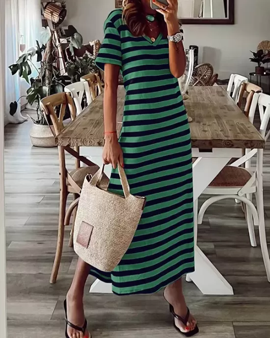 Printed Split-Side Striped A-Line Loose V-Neck Midi Dresses