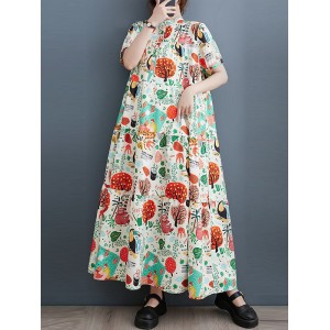 Buttoned Printed Split-Joint Loose Short Sleeves Stand Collar Midi Dresses