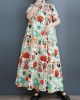 Buttoned Printed Split-Joint Loose Short Sleeves Stand Collar Midi Dresses