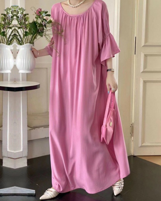 Solid Color Half Sleeves Loose Round-Neck Midi Dresses