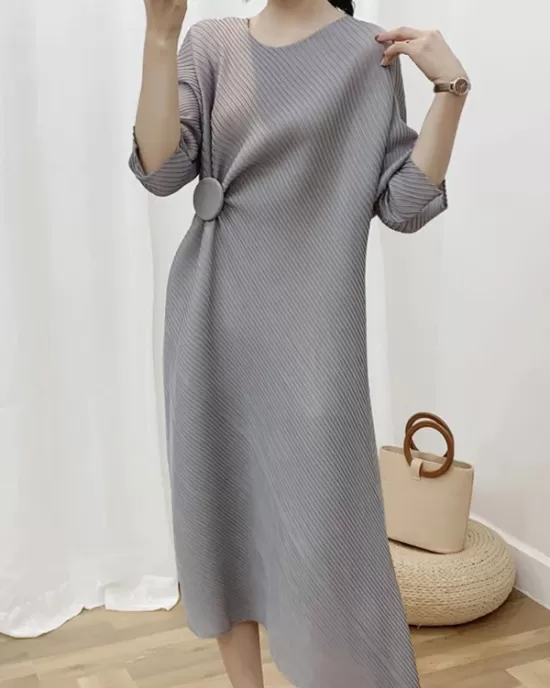 Pleated Solid Color Half Sleeves Irregular Clipping Round-Neck Midi Dresses