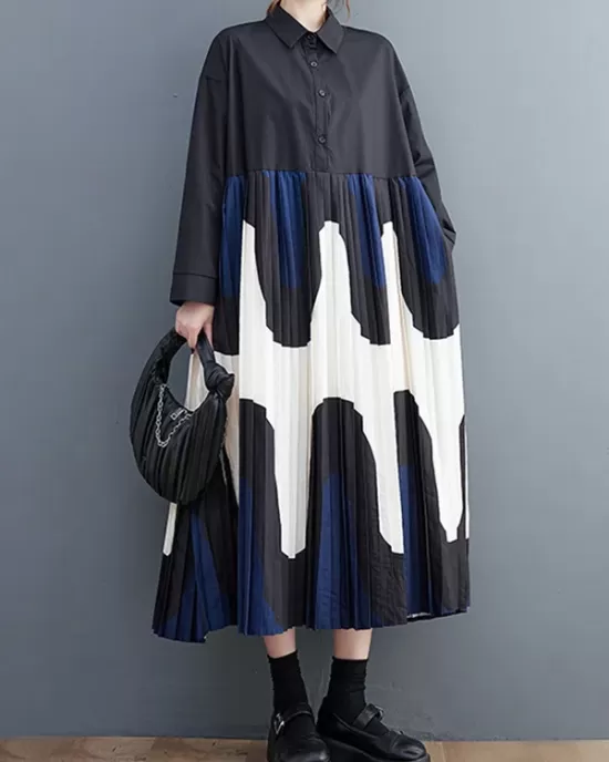 Contrast Color Pleated Printing Split-Joint A-Line Long Sleeves Polo Midi Dresses