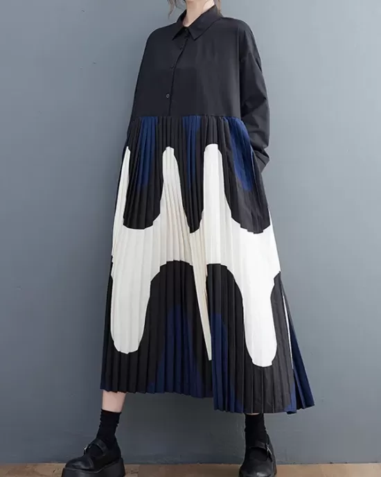 Contrast Color Pleated Printing Split-Joint A-Line Long Sleeves Polo Midi Dresses