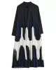 Contrast Color Pleated Printing Split-Joint A-Line Long Sleeves Polo Midi Dresses