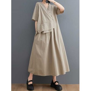 Pleated Solid Color Split-Joint Loose Short Sleeves V-Neck Midi Dresses