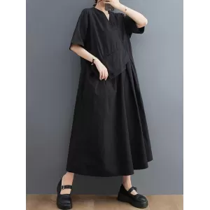 Pleated Solid Color Split-Joint Loose Short Sleeves V-Neck Midi Dresses