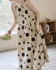 Contrast Color Pleated Polka-Dot Split-Joint Tied Waist Loose Sleeveless Round-Neck Midi Dresses