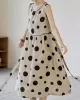 Contrast Color Pleated Polka-Dot Split-Joint Tied Waist Loose Sleeveless Round-Neck Midi Dresses