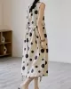 Contrast Color Pleated Polka-Dot Split-Joint Tied Waist Loose Sleeveless Round-Neck Midi Dresses