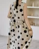 Contrast Color Pleated Polka-Dot Split-Joint Tied Waist Loose Sleeveless Round-Neck Midi Dresses