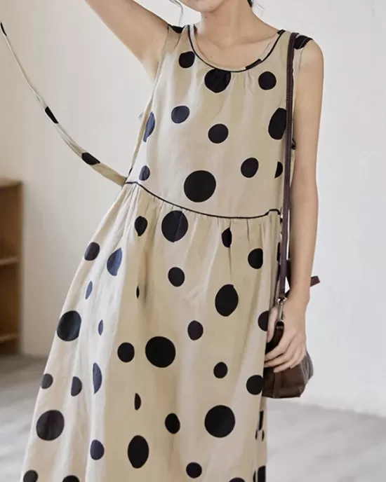 Contrast Color Pleated Polka-Dot Split-Joint Tied Waist Loose Sleeveless Round-Neck Midi Dresses