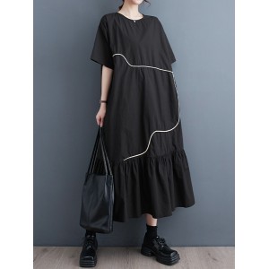 Pleated Split-Joint Loose Short Sleeves Round-Neck Midi Dresses