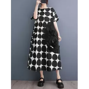 Polka-Dot Split-Joint Loose Short Sleeves Round-Neck Midi Dresses