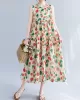 Floral Printed Pleated Split-Joint Loose Sleeveless Round-Neck Midi Dresses