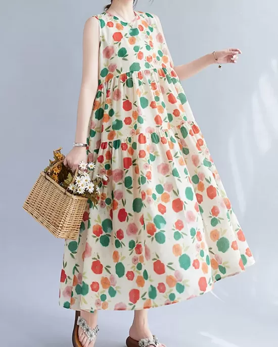 Floral Printed Pleated Split-Joint Loose Sleeveless Round-Neck Midi Dresses