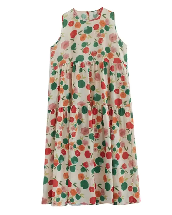 Floral Printed Pleated Split-Joint Loose Sleeveless Round-Neck Midi Dresses