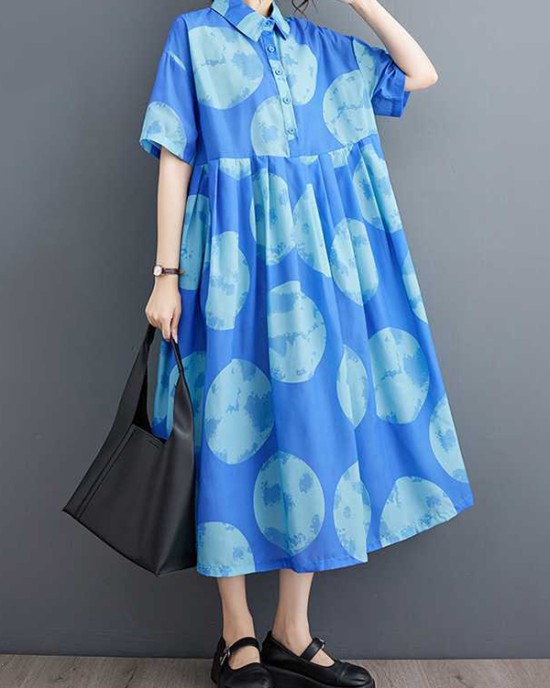 Polka-Dot Loose Short Sleeves Lapel Collar Midi Dresses