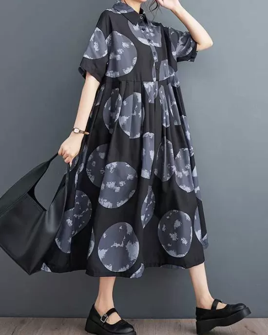 Polka-Dot Loose Short Sleeves Lapel Collar Midi Dresses