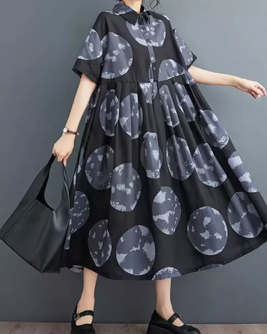 Polka-Dot Loose Short Sleeves Lapel Collar Midi Dresses