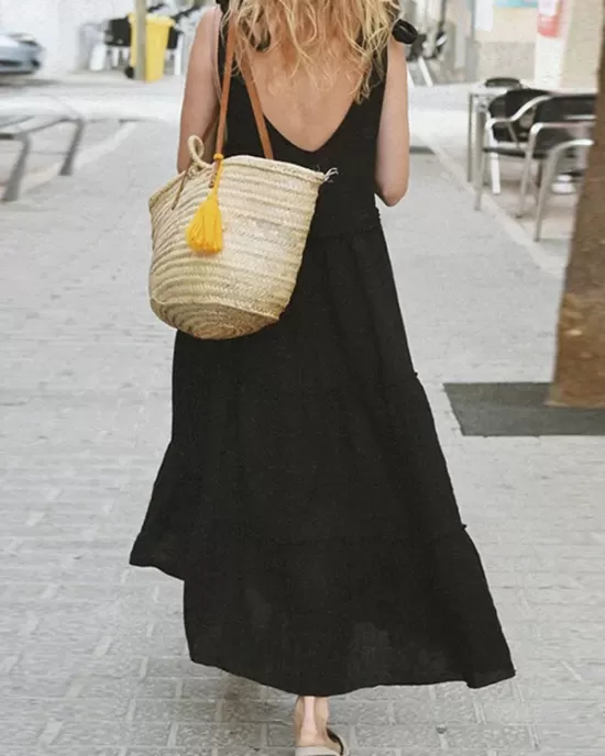 Solid Color Loose Sleeveless V-Neck Midi Dresses