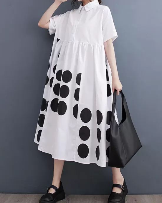 Buttoned Pockets Polka Dot Printed A-line Loose Lapel Midi Dresses