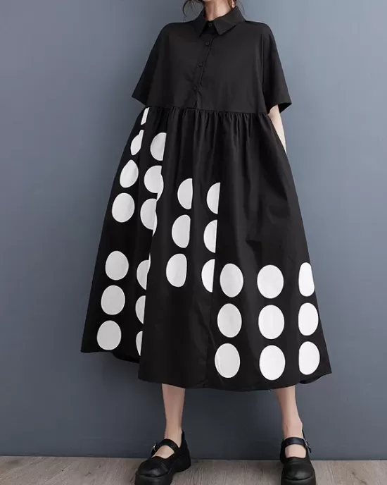 Buttoned Pockets Polka Dot Printed A-line Loose Lapel Midi Dresses