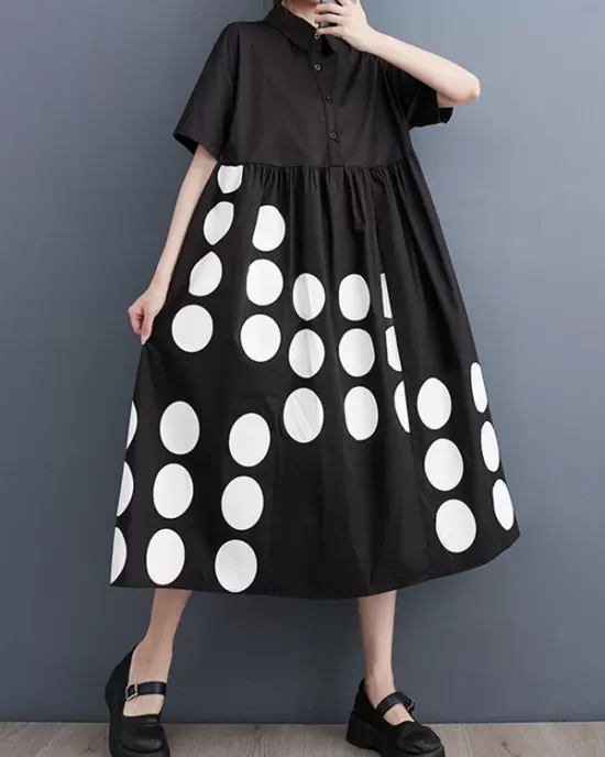 Buttoned Pockets Polka Dot Printed A-line Loose Lapel Midi Dresses