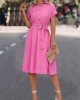 Buttoned Solid Color Tied Waist A-Line High Waisted Lapel Collar Shirt Dress Midi Dresses