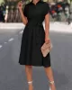 Buttoned Solid Color Tied Waist A-Line High Waisted Lapel Collar Shirt Dress Midi Dresses