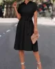 Buttoned Solid Color Tied Waist A-Line High Waisted Lapel Collar Shirt Dress Midi Dresses