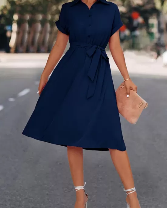 Buttoned Solid Color Tied Waist A-Line High Waisted Lapel Collar Shirt Dress Midi Dresses