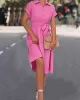 Buttoned Solid Color Tied Waist A-Line High Waisted Lapel Collar Shirt Dress Midi Dresses