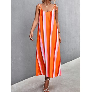 Contrast Color Striped Tied Loose Sleeveless U-Neck Slip Dress Midi Dresses