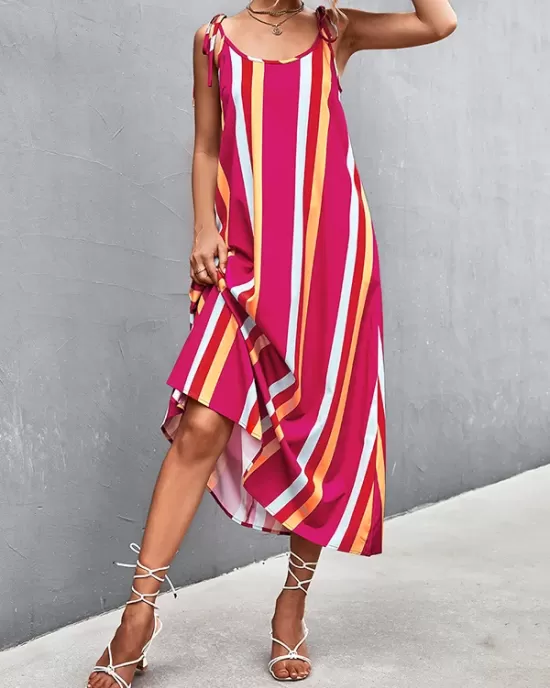 Contrast Color Striped Tied Loose Sleeveless U-Neck Slip Dress Midi Dresses