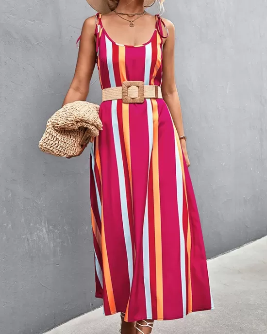 Contrast Color Striped Tied Loose Sleeveless U-Neck Slip Dress Midi Dresses