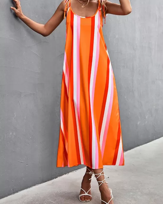 Contrast Color Striped Tied Loose Sleeveless U-Neck Slip Dress Midi Dresses