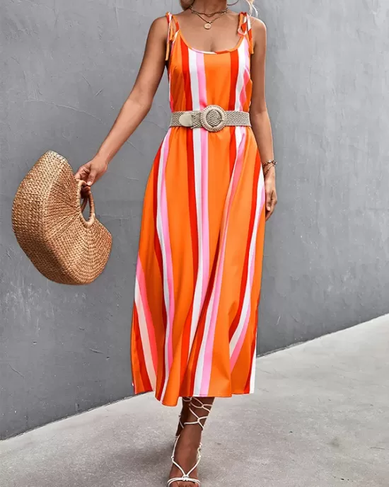 Contrast Color Striped Tied Loose Sleeveless U-Neck Slip Dress Midi Dresses