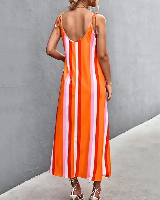 Contrast Color Striped Tied Loose Sleeveless U-Neck Slip Dress Midi Dresses