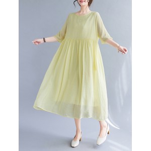 Pleated See-Through Solid Color Split-Joint Loose Short Sleeves Round-Neck Midi Dresses