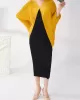 Contrast Color Pleated Batwing Sleeves Loose Round-neck Midi Dresses