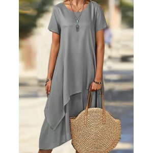 Asymmetric Solid Color Split-Joint Plus Size Short Sleeves Round-Neck Midi Dresses