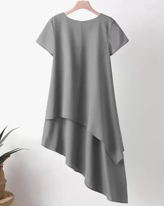 Asymmetric Solid Color Split-Joint Plus Size Short Sleeves Round-Neck Midi Dresses