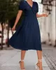 Elasticity Knot Pleated Solid Color Split-Joint A-line High Waisted V-neck Midi Dresses