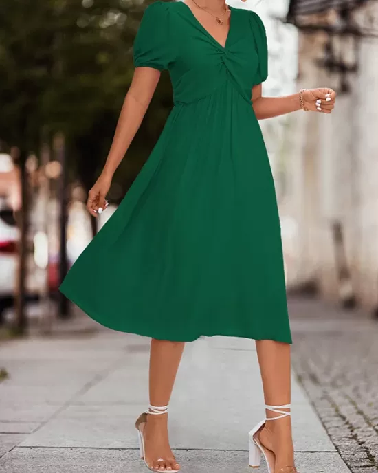 Elasticity Knot Pleated Solid Color Split-Joint A-line High Waisted V-neck Midi Dresses