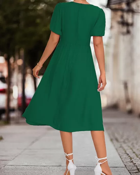 Elasticity Knot Pleated Solid Color Split-Joint A-line High Waisted V-neck Midi Dresses