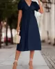 Elasticity Knot Pleated Solid Color Split-Joint A-line High Waisted V-neck Midi Dresses