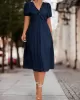 Elasticity Knot Pleated Solid Color Split-Joint A-line High Waisted V-neck Midi Dresses