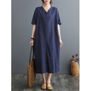 Chinese Frog Buttons Pockets Solid Color Split-Side A-Line Loose V-Neck Midi Dresses