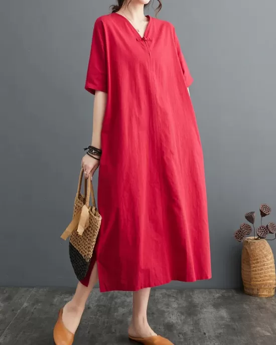 Chinese Frog Buttons Pockets Solid Color Split-Side A-Line Loose V-Neck Midi Dresses